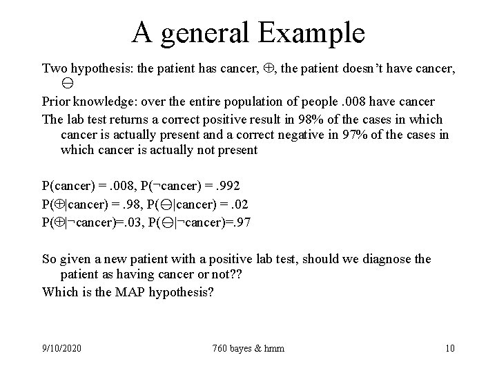 A general Example Two hypothesis: the patient has cancer, , the patient doesn’t have
