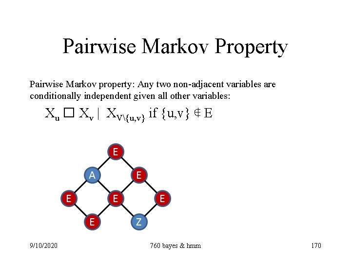 Pairwise Markov Property Pairwise Markov property: Any two non-adjacent variables are conditionally independent given