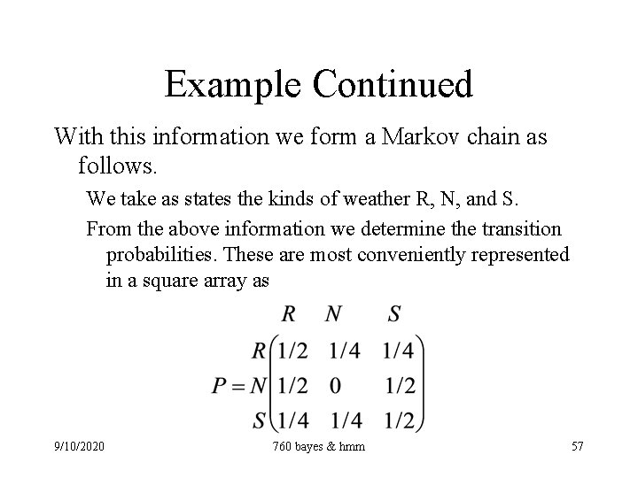 Example Continued With this information we form a Markov chain as follows. We take