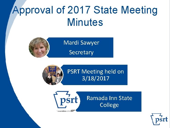 Approval of 2017 State Meeting Minutes Mardi Sawyer Secretary PSRT Meeting held on 3/18/2017