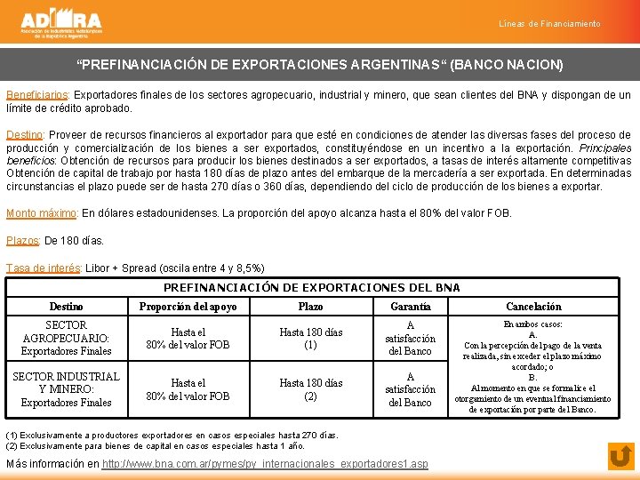 Líneas de Financiamiento “PREFINANCIACIÓN DE EXPORTACIONES ARGENTINAS“ (BANCO NACION) Beneficiarios: Exportadores finales de los