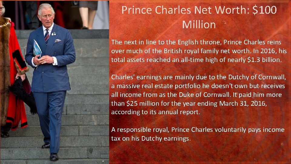 Prince Charles Net Worth: $100 Million The next in line to the English throne,