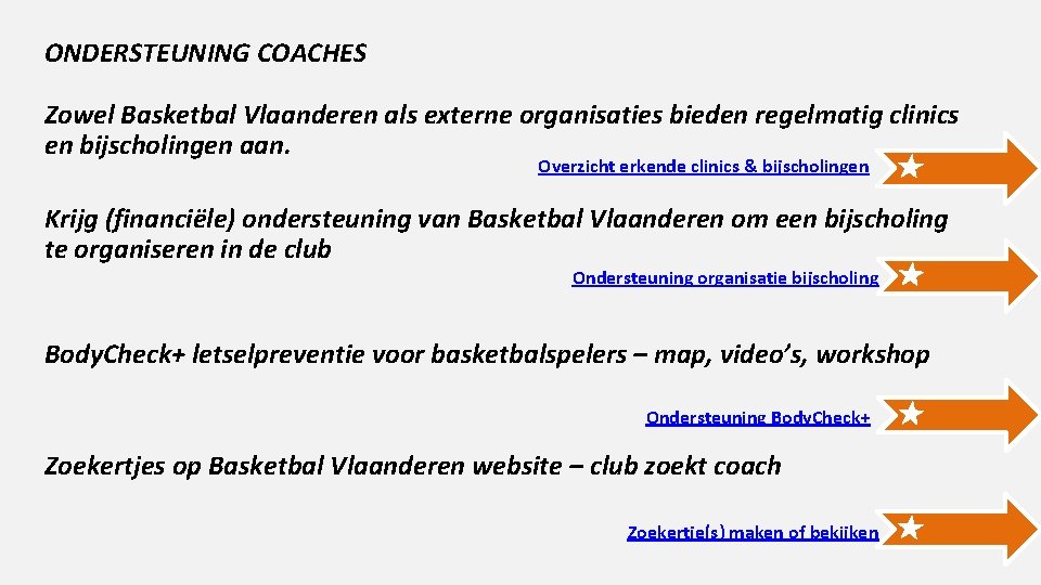 ONDERSTEUNING COACHES Zowel Basketbal Vlaanderen als externe organisaties bieden regelmatig clinics en bijscholingen aan.