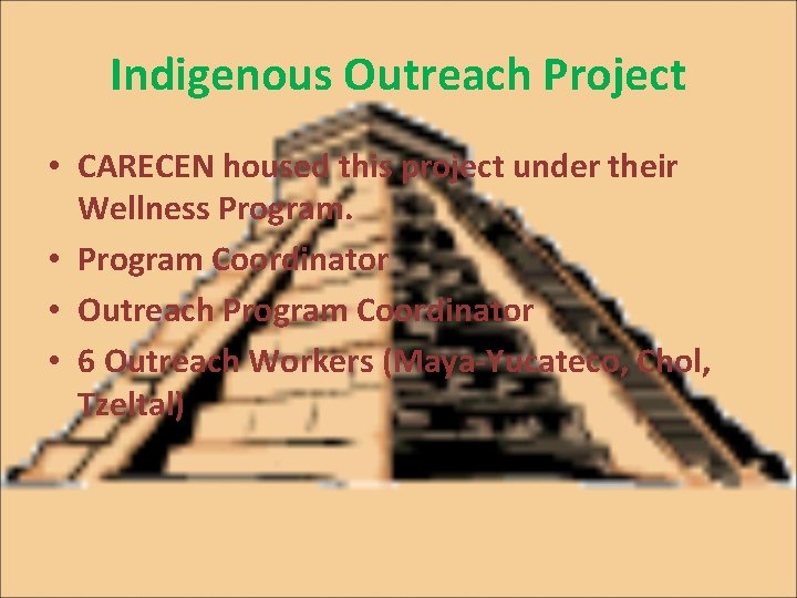 Indigenous Outreach Project • CARECEN housed this project under their Wellness Program. • Program