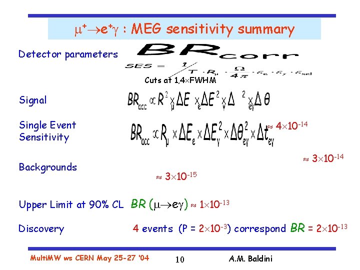  + e+ : MEG sensitivity summary Detector parameters Cuts at 1, 4 FWHM