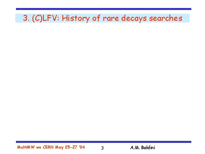 3. (C)LFV: History of rare decays searches Multi. MW ws CERN May 25 -27