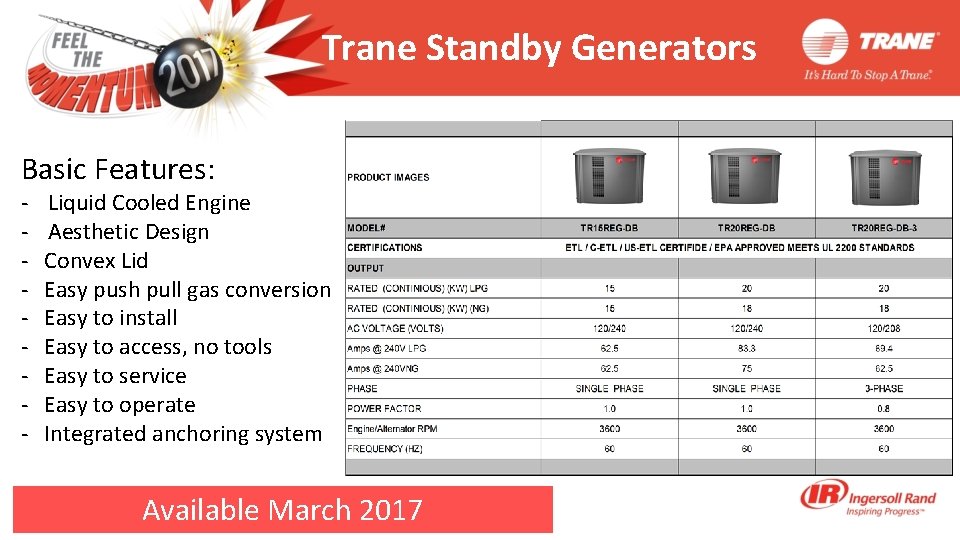 Trane Standby Generators Basic Features: - Liquid Cooled Engine Aesthetic Design Convex Lid Easy