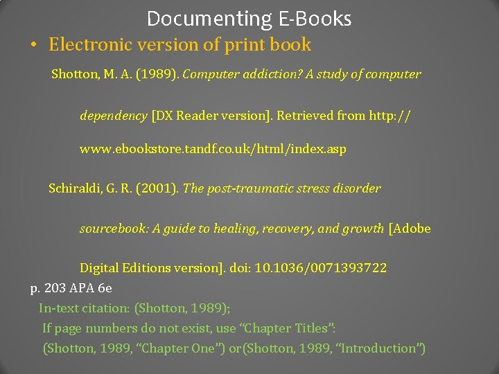 Documenting E-Books • Electronic version of print book Shotton, M. A. (1989). Computer addiction?
