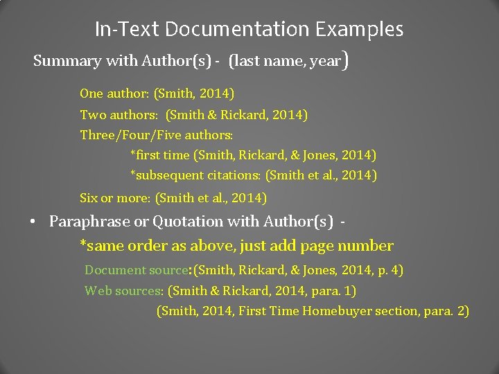 In-Text Documentation Examples Summary with Author(s) - (last name, year) One author: (Smith, 2014)