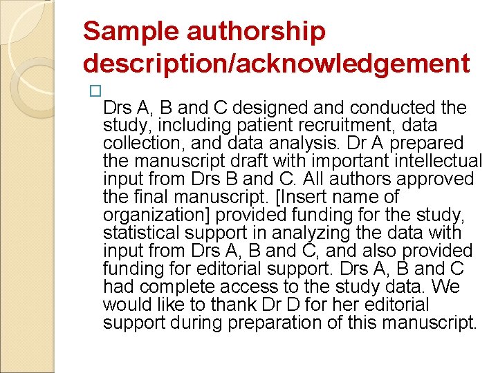 Sample authorship description/acknowledgement � Drs A, B and C designed and conducted the study,