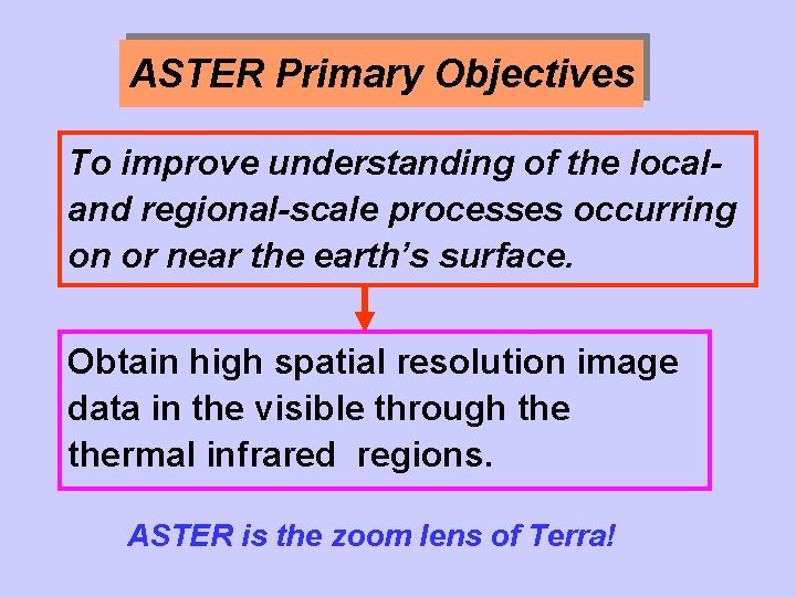 ASTER Primary Objectives To improve understanding of the localand regional-scale processes occurring on or