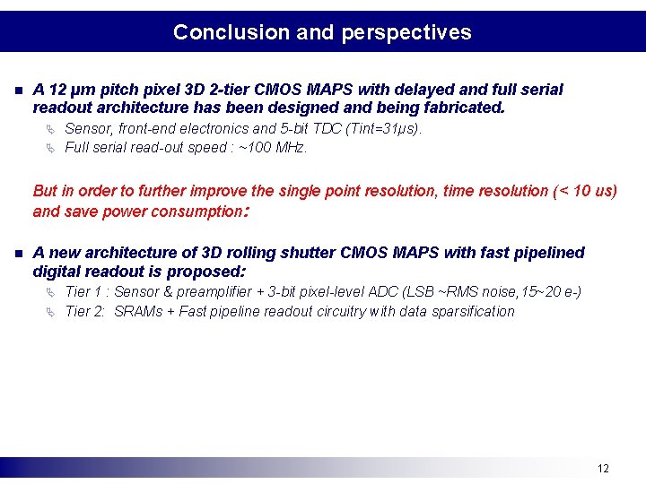 Conclusion and perspectives n A 12 µm pitch pixel 3 D 2 -tier CMOS Conclusion and perspectives n A 12 µm pitch pixel 3 D 2 -tier CMOS