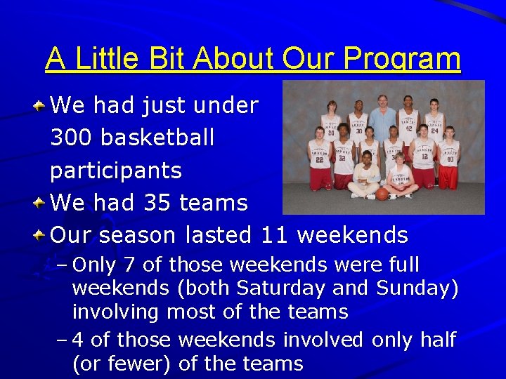 A Little Bit About Our Program We had just under 300 basketball participants We