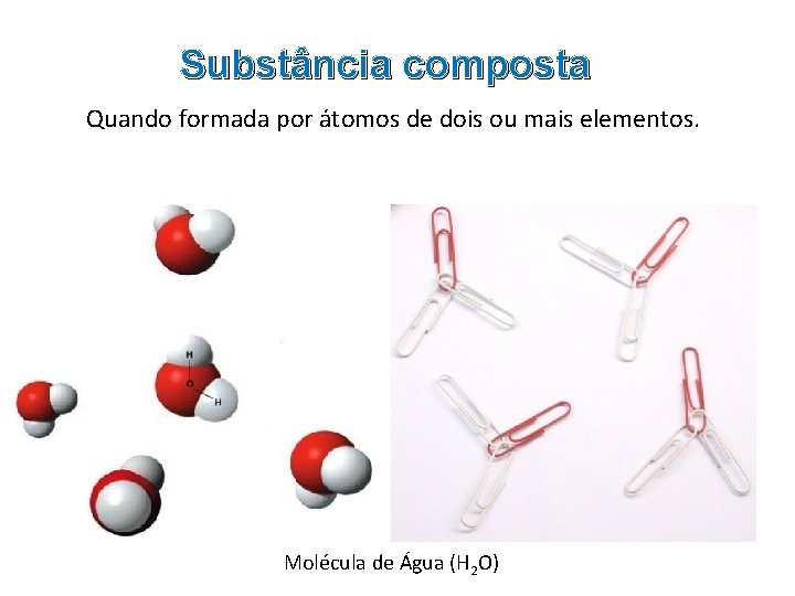 Substância composta Quando formada por átomos de dois ou mais elementos. Molécula de Água