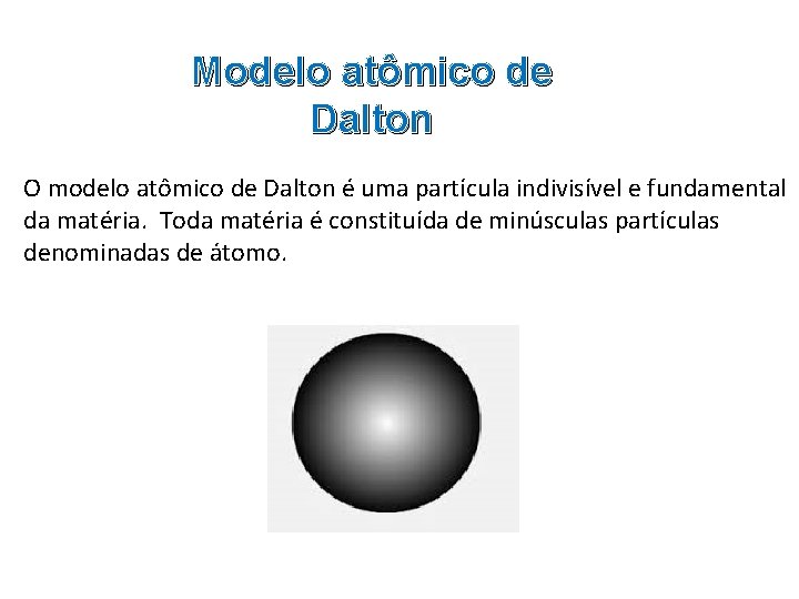 Modelo atômico de Dalton O modelo atômico de Dalton é uma partícula indivisível e