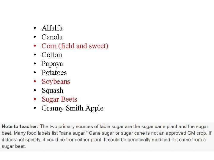  • • • Alfalfa Canola Corn (field and sweet) Cotton Papaya Potatoes Soybeans