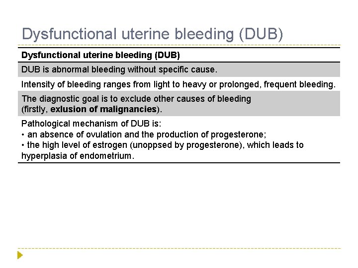 Dysfunctional uterine bleeding (DUB) DUB is abnormal bleeding without specific cause. Intensity of bleeding