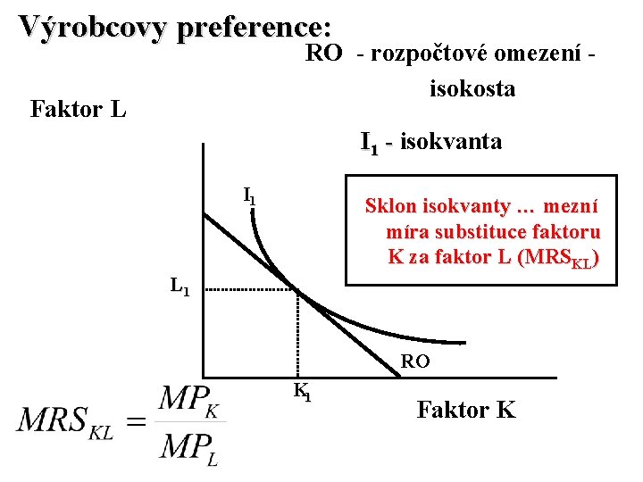 Výrobcovy preference: RO - rozpočtové omezení isokosta Faktor L I 1 - isokvanta I