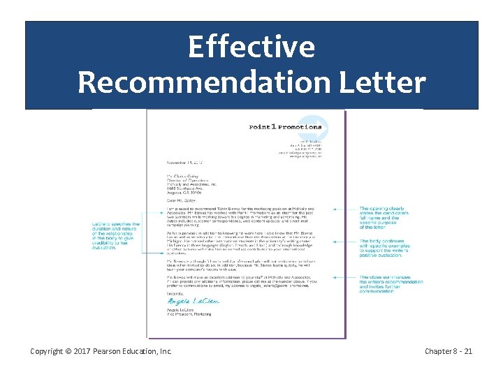 Effective Recommendation Letter Copyright © 2017 Pearson Education, Inc. Chapter 8 - 21 