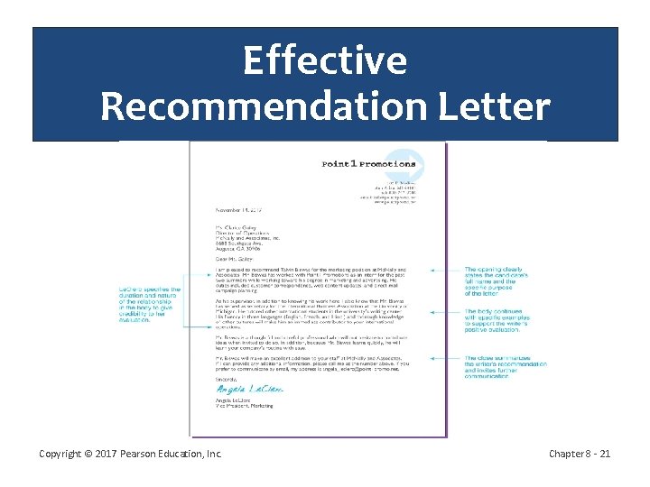 Effective Recommendation Letter Copyright © 2017 Pearson Education, Inc. Chapter 8 - 21 Effective Recommendation Letter Copyright © 2017 Pearson Education, Inc. Chapter 8 - 21
