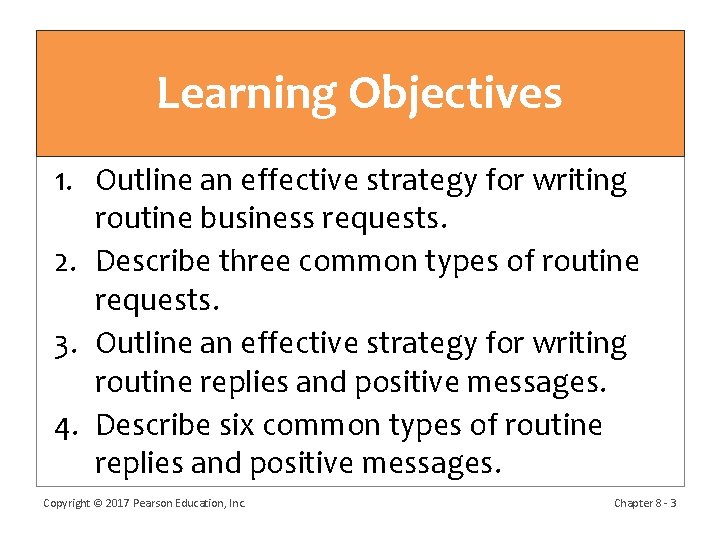 Learning Objectives 1. Outline an effective strategy for writing routine business requests. 2. Describe Learning Objectives 1. Outline an effective strategy for writing routine business requests. 2. Describe