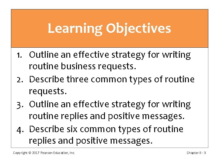 Learning Objectives 1. Outline an effective strategy for writing routine business requests. 2. Describe