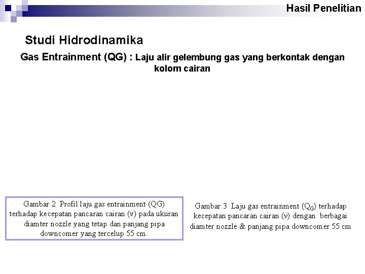 Hasil Penelitian Studi Hidrodinamika Gas Entrainment (QG) : Laju alir gelembung gas yang berkontak