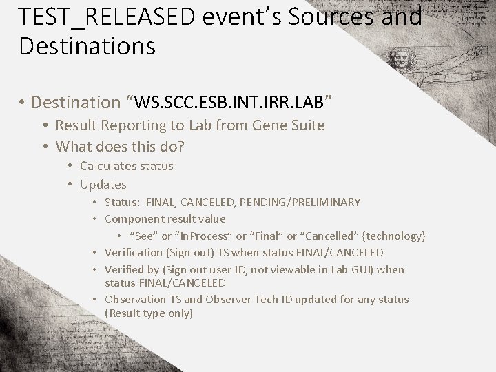 TEST_RELEASED event’s Sources and Destinations • Destination “WS. SCC. ESB. INT. IRR. LAB” •