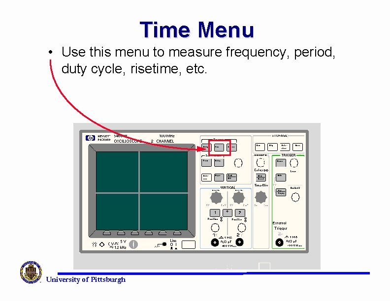 Time Menu • Use this menu to measure frequency, period, duty cycle, risetime, etc.