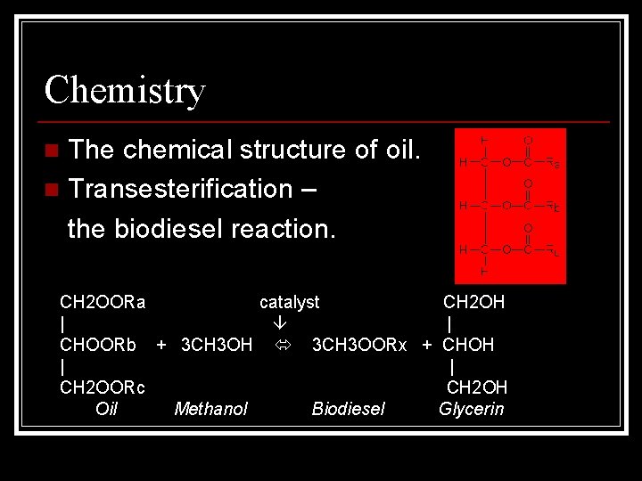 Chemistry The chemical structure of oil. n Transesterification – the biodiesel reaction. n CH