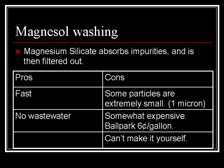 Magnesol washing n Magnesium Silicate absorbs impurities, and is then filtered out. Pros Cons