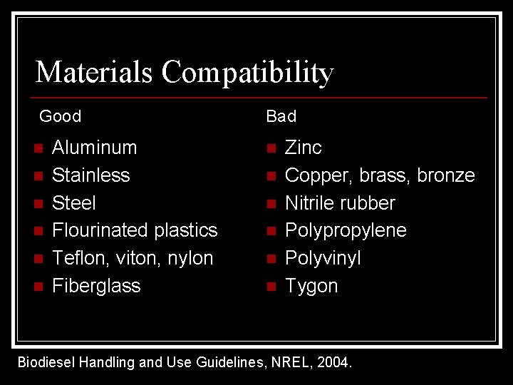 Materials Compatibility Good n n n Aluminum Stainless Steel Flourinated plastics Teflon, viton, nylon