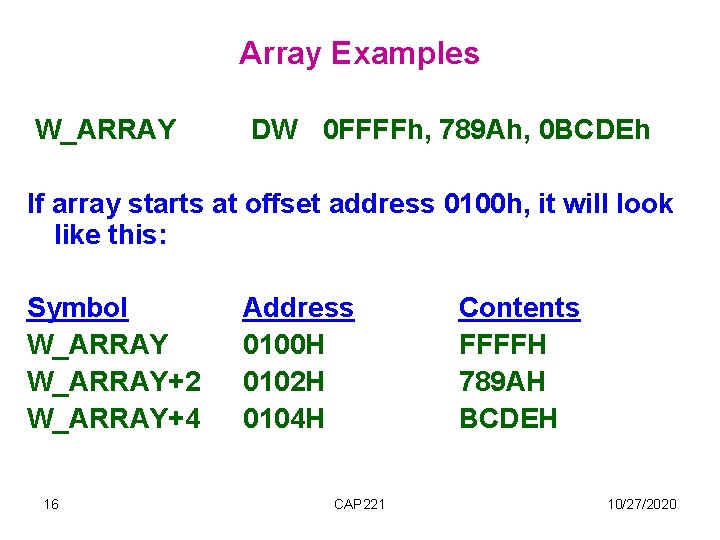Array Examples W_ARRAY DW 0 FFFFh, 789 Ah, 0 BCDEh If array starts at Array Examples W_ARRAY DW 0 FFFFh, 789 Ah, 0 BCDEh If array starts at