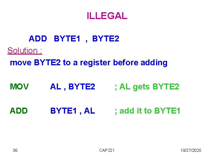 ILLEGAL ADD BYTE 1 , BYTE 2 Solution : move BYTE 2 to a ILLEGAL ADD BYTE 1 , BYTE 2 Solution : move BYTE 2 to a