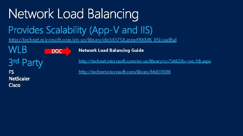 http: //technet. microsoft. com/en-us/library/dn 343758. aspx#BKMK_IISLoad. Bal Network Load Balancing Guide http: //technet. microsoft.