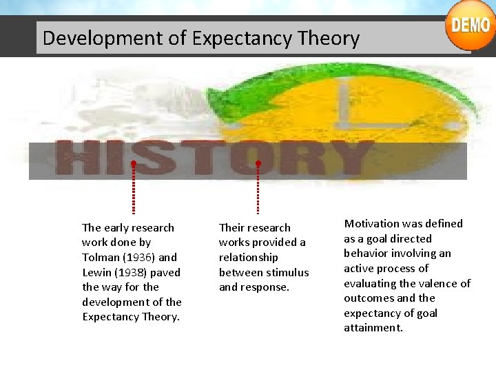 Development of Expectancy Theory • The early research work done by Tolman (1936) and