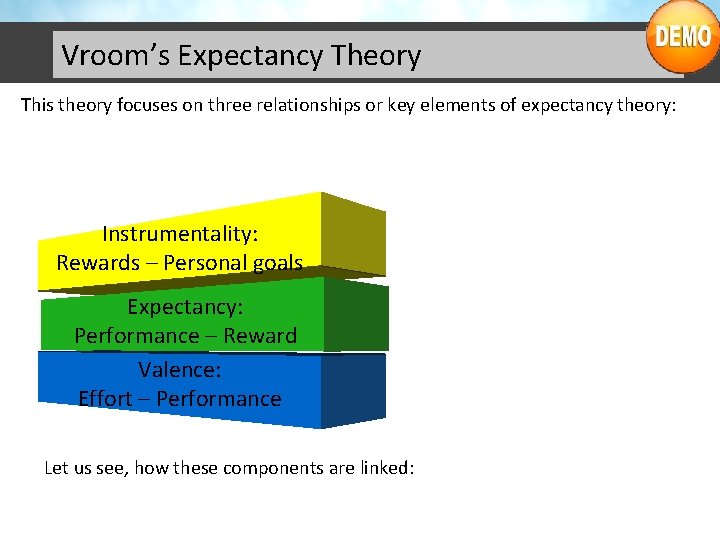 Vroom’s Expectancy Theory This theory focuses on three relationships or key elements of expectancy