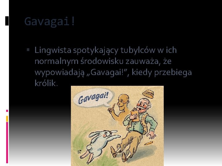 Gavagai! Lingwista spotykający tubylców w ich normalnym środowisku zauważa, że wypowiadają „Gavagai!”, kiedy przebiega