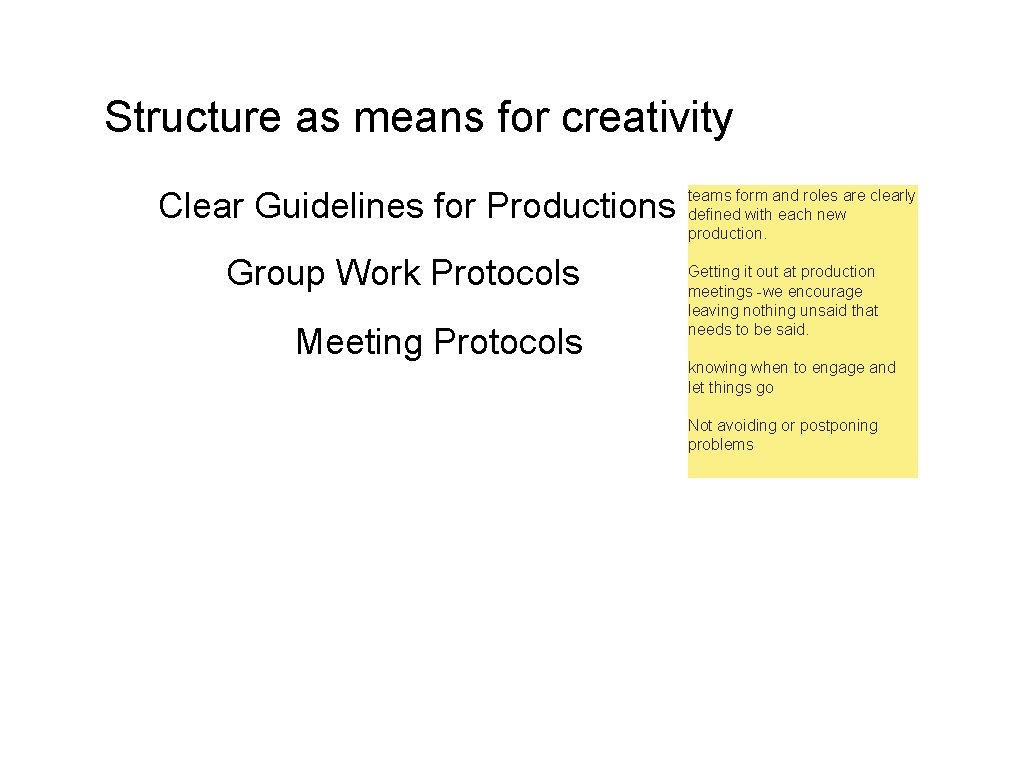 Structure as means for creativity Clear Guidelines for Productions Group Work Protocols Meeting Protocols