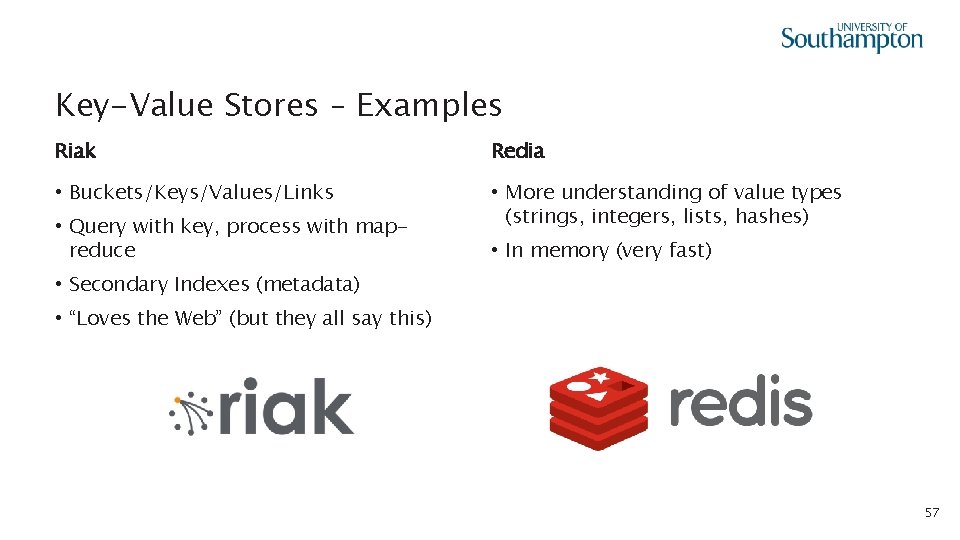 Key-Value Stores – Examples Riak Redia • Buckets/Keys/Values/Links • More understanding of value types