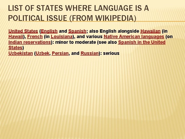 LIST OF STATES WHERE LANGUAGE IS A POLITICAL ISSUE (FROM WIKIPEDIA) United States (English