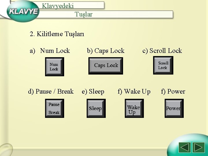 Klavyedeki Tuşlar 2. Kilitleme Tuşları a) Num Lock d) Pause / Break b) Caps