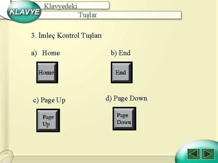 Klavyedeki Tuşlar 3. İmleç Kontrol Tuşları a) Home c) Page Up b) End d)