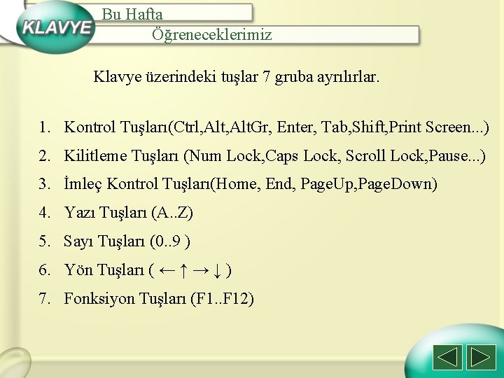 Bu Hafta Öğreneceklerimiz Klavye üzerindeki tuşlar 7 gruba ayrılırlar. 1. Kontrol Tuşları(Ctrl, Alt. Gr,