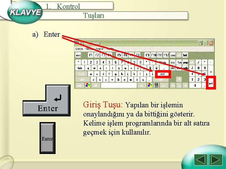 1. Kontrol Tuşları a) Enter Giriş Tuşu: Yapılan bir işlemin onaylandığını ya da bittiğini