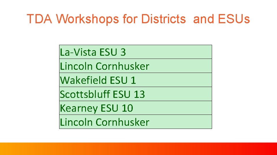 TDA Workshops for Districts and ESUs La-Vista ESU 3 Lincoln Cornhusker Wakefield ESU 1