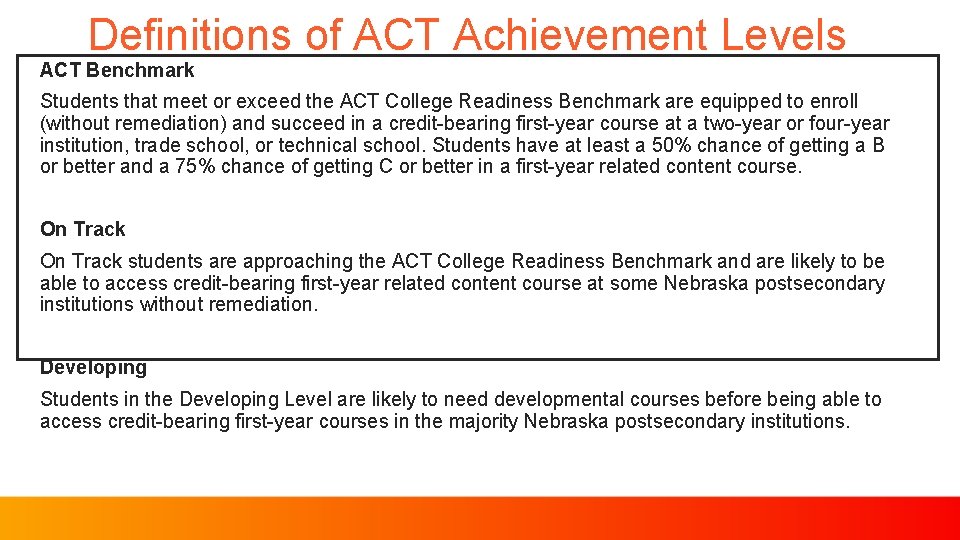 Definitions of ACT Achievement Levels ACT Benchmark Students that meet or exceed the ACT