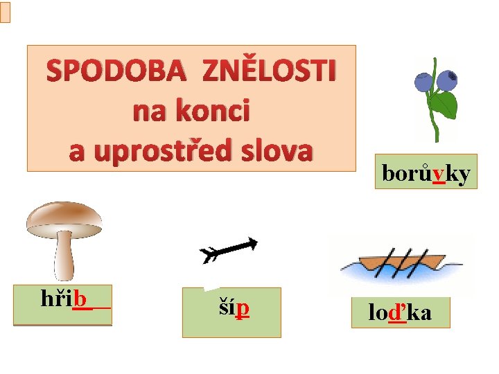 SPODOBA ZNĚLOSTI na konci a uprostřed slova hřib šíp borůvky loďka 