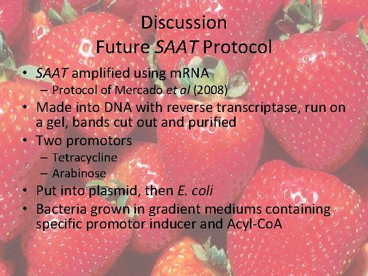 Discussion Future SAAT Protocol • SAAT amplified using m. RNA – Protocol of Mercado