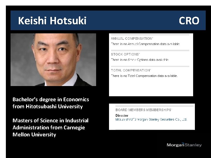 Keishi Hotsuki Bachelor’s degree in Economics from Hitotsubashi University Masters of Science in Industrial